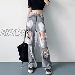 Hnewly Blue Ripped High Waist Jeans For Women Y2K Vintage Straight Denim Trousers Female Streetwear