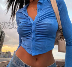 Hnewly Blue Sexy Women Crop Top Y2K V Neck Casual Ruched Long Sleeve Summer Green T Shirt Fashion