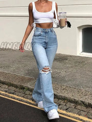 Hnewly Blue Skinny Jeans Ripped Women Denim Trousers Streetwear Distressed Capris Bell Bottom High