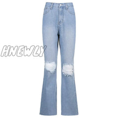 Hnewly Blue Skinny Jeans Ripped Women Denim Trousers Streetwear Distressed Capris Bell Bottom High