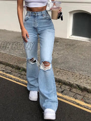Hnewly Blue Skinny Jeans Ripped Women Denim Trousers Streetwear Distressed Capris Bell Bottom High