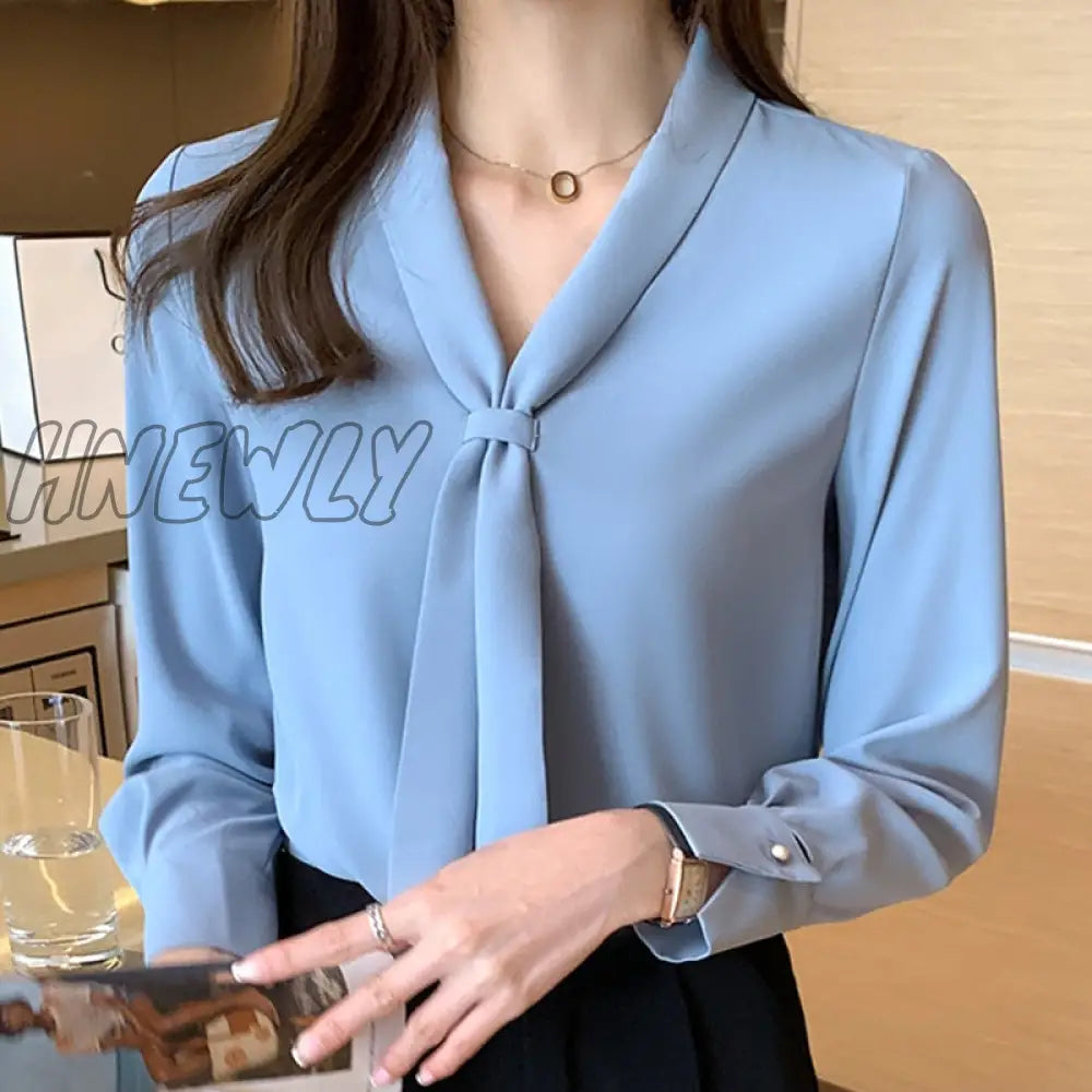 Hnewly Blusas Mujer De Moda Bow V-Neck Shirt Women Long Sleeve Chiffon Blouse Office Lady Ladies