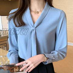 Hnewly Blusas Mujer De Moda Bow V-Neck Shirt Women Long Sleeve Chiffon Blouse Office Lady Ladies