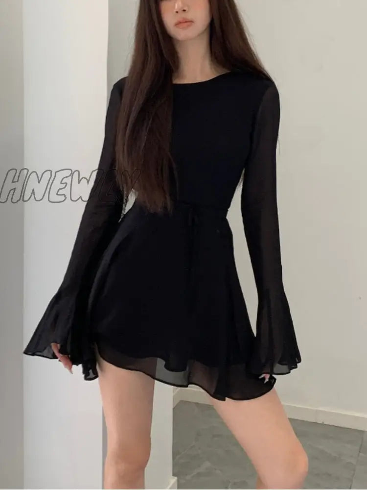 Hnewly Bodycon Black Y2K Mini Dress Women Elegant Slim Sexy Even Party Office Lady Backless Korean
