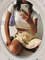 Hnewly Boho Floral Print Party Skirt Summer New High Waist Pleated Short Beach Sexy Frills Mini