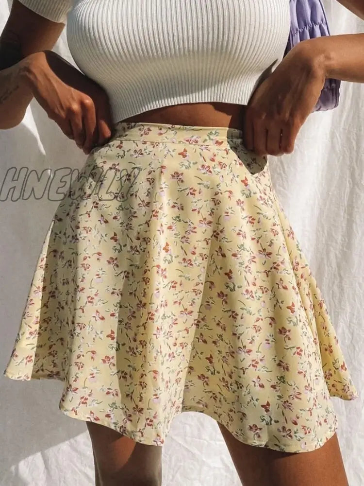 Hnewly Boho Floral Print Party Skirt Summer New High Waist Pleated Short Beach Sexy Frills Mini