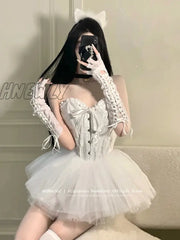 Hnewly Boned Corset Mini Skirt Women 2-Piece Set Off-Shoulder Lace Trim Textured Tube Top Elastic
