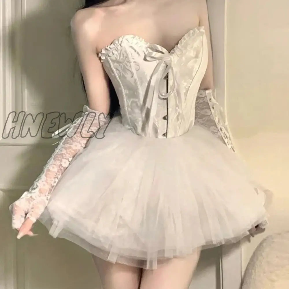 Hnewly Boned Corset Mini Skirt Women 2-Piece Set Off-Shoulder Lace Trim Textured Tube Top Elastic