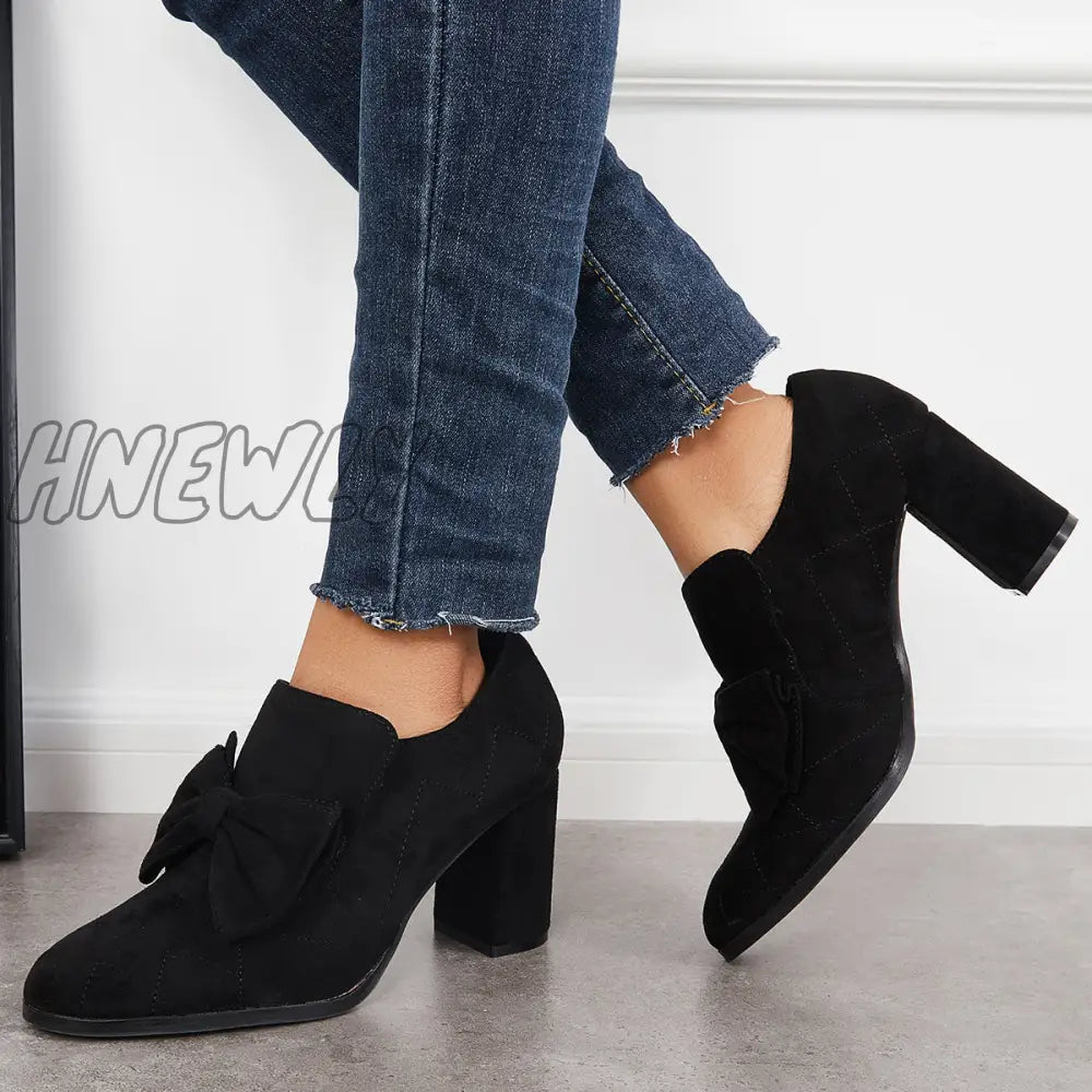 Hnewly Bowknot Pointed Toe Chunky High Heel Pumps Slip On Dress Shoes Black / 5 Heels