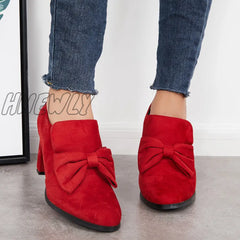 Hnewly Bowknot Pointed Toe Chunky High Heel Pumps Slip On Dress Shoes / Heels