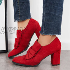 Hnewly Bowknot Pointed Toe Chunky High Heel Pumps Slip On Dress Shoes / Heels