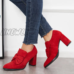 Hnewly Bowknot Pointed Toe Chunky High Heel Pumps Slip On Dress Shoes Red / 5 Heels