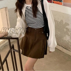 Hnewly Brown Denim Skirt Women Vintage Cute Korean Style High Waist Pocket A-Line Pleated Mini For