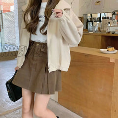 Hnewly Brown Denim Skirt Women Vintage Cute Korean Style High Waist Pocket A-Line Pleated Mini For