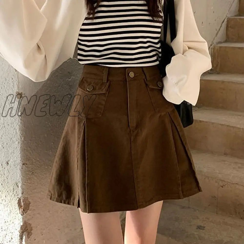 Hnewly Brown Denim Skirt Women Vintage Cute Korean Style High Waist Pocket A-Line Pleated Mini For