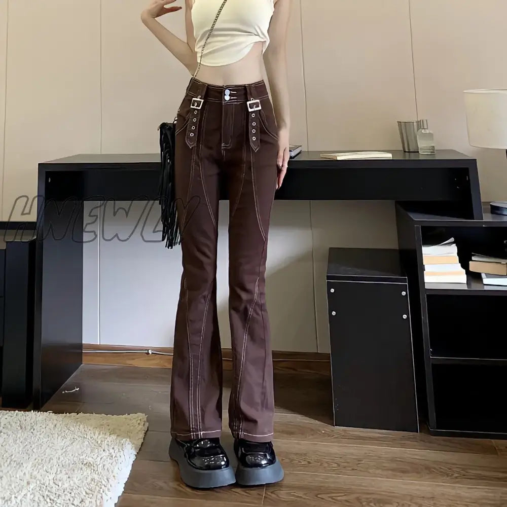 Hnewly Brown Jeans Flared Pants Women High Waist Vintage Korean Fashion Y2K Streetwear Design Sense