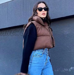 Hnewly Brown Sleeveless Women Short Waistcoat Casual Streetwear Zipper Lady Outwear Warm High