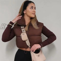 Hnewly Brown Sleeveless Women Short Waistcoat Casual Streetwear Zipper Lady Outwear Warm High