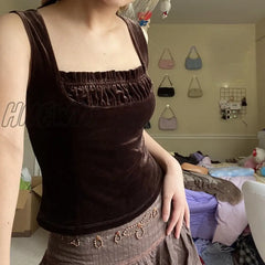Hnewly Brown Velvet Tank Top Cute Women Patchwork Fake Two Piece Grunge Tees Cropped Sleeveless