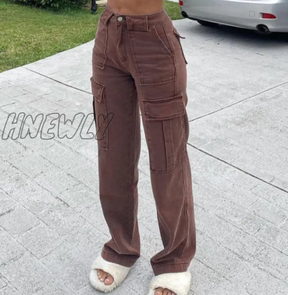 Hnewly Brown Vintage Baggy Jeans Women 90S Streetwear Pockets Wide Leg Cargo Pants Low Waist