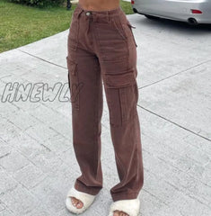 Hnewly Brown Vintage Baggy Jeans Women 90S Streetwear Pockets Wide Leg Cargo Pants Low Waist