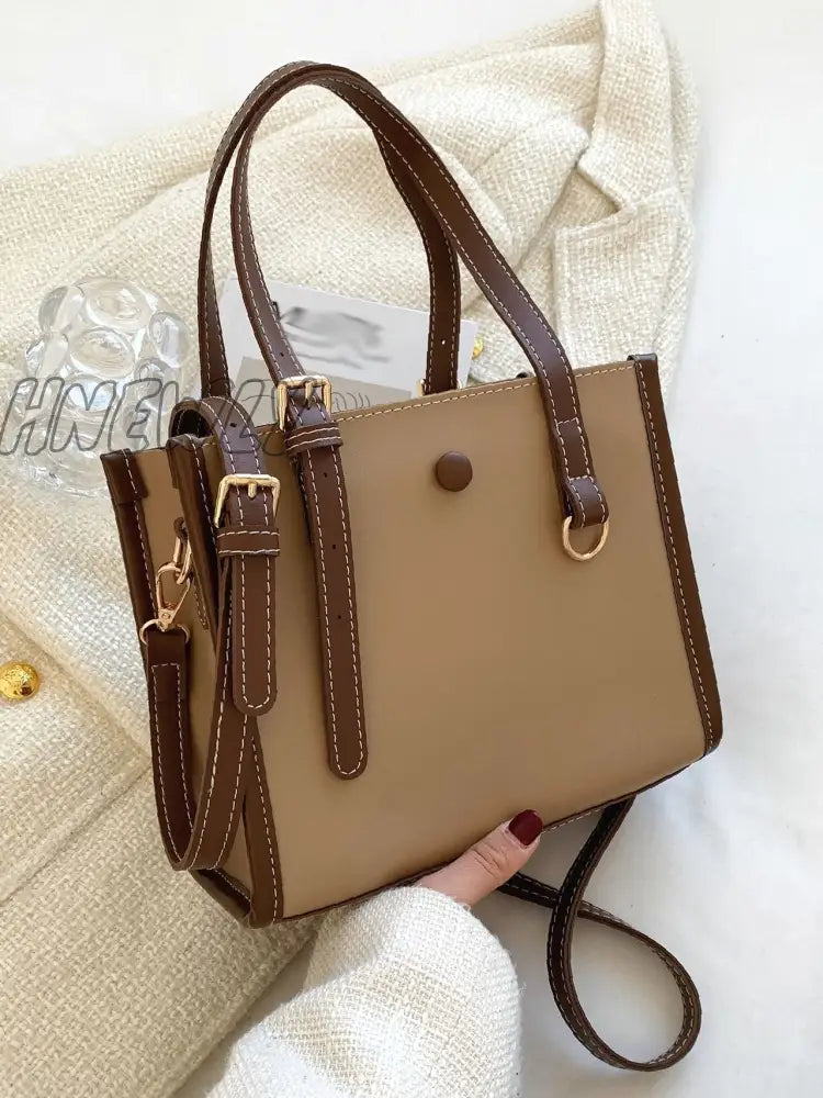Hnewly - Buckle Detail Button Design Square Bag Women Satchels Khaki Women-Satchels