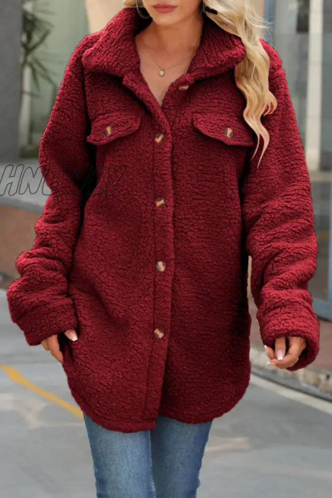 Hnewly - Burgundy Casual Solid Buckle Turndown Collar Outerwear Coats