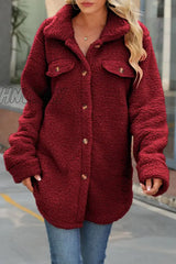 Hnewly - Burgundy Casual Solid Buckle Turndown Collar Outerwear / S Coats