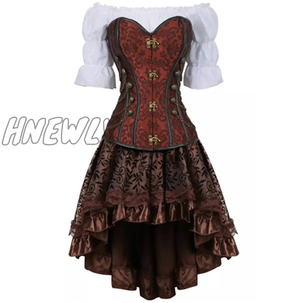 Hnewly Burlesque Corset Irregular Skirt 3 Piece Leather Dress Bustiers Steampunk Cool Warrior