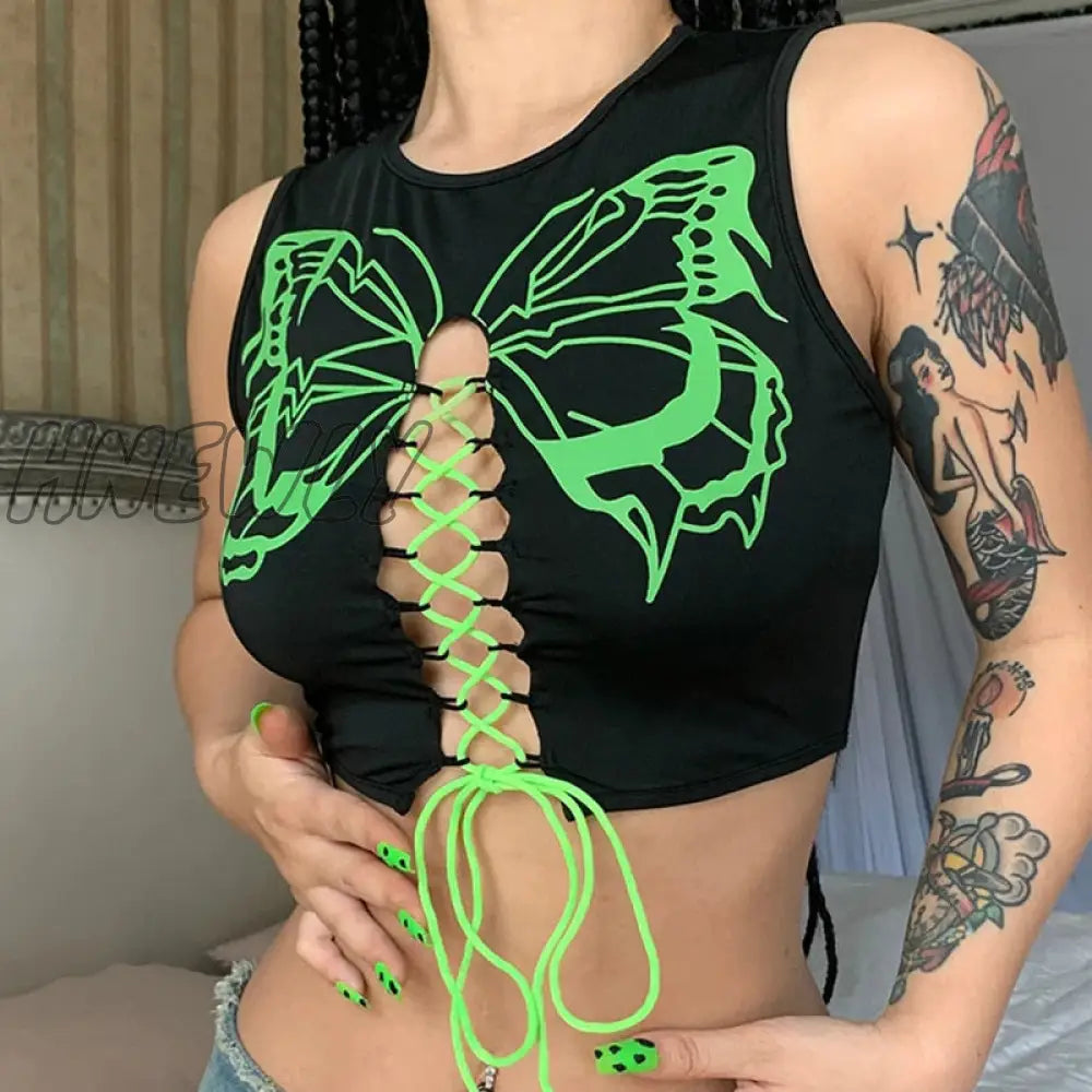 Hnewly Butterfly Crop Top Women Aesthetic Fairy Grunge Tie Up Bandage Tanks Y2K Clothes 2000S E