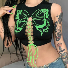 Hnewly Butterfly Crop Top Women Aesthetic Fairy Grunge Tie Up Bandage Tanks Y2K Clothes 2000S E