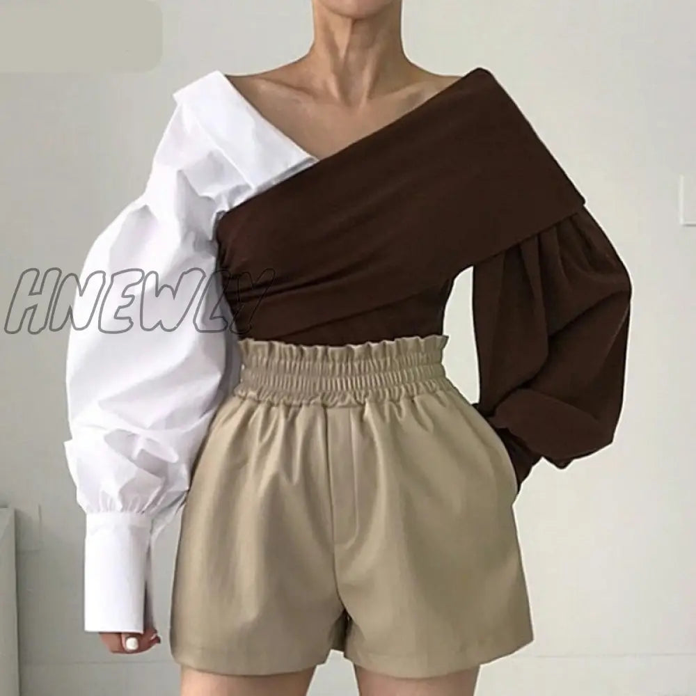 Hnewly Bv-Neck Off-The-Shoulder Womens Tops Blouses Contrast Color Knitted Stitching Puff Sleeve