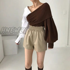 Hnewly Bv-Neck Off-The-Shoulder Womens Tops Blouses Contrast Color Knitted Stitching Puff Sleeve