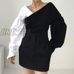 Hnewly Bv-Neck Off-The-Shoulder Womens Tops Blouses Contrast Color Knitted Stitching Puff Sleeve