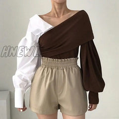Hnewly Bv-Neck Off-The-Shoulder Womens Tops Blouses Contrast Color Knitted Stitching Puff Sleeve