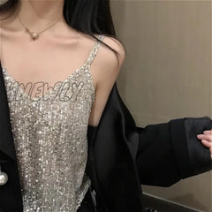 Hnewly Camisoles Women New Chic Silvery Sequined Sexy V-Neck Off Shoulder Femme Crop Top Vintage