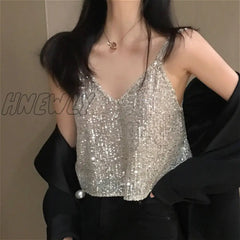 Hnewly Camisoles Women New Chic Silvery Sequined Sexy V-Neck Off Shoulder Femme Crop Top Vintage
