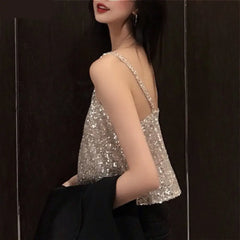 Hnewly Camisoles Women New Chic Silvery Sequined Sexy V-Neck Off Shoulder Femme Crop Top Vintage