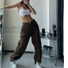 Hnewly Cargo Pants For Women High Waist Retro Y2K Street Fashion Casual Loose Couple Wide Leg
