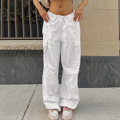 Hnewly Cargo Pants Women Low Waist Summer Loose Speed Dry Street Fashion Drawstring Multi-Pocket