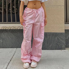 Hnewly Cargo Pants Women Low Waist Summer Loose Speed Dry Street Fashion Drawstring Multi-Pocket