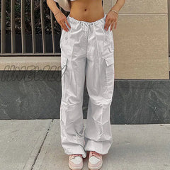 Hnewly Cargo Pants Women Low Waist Summer Loose Speed Dry Street Fashion Drawstring Multi-Pocket
