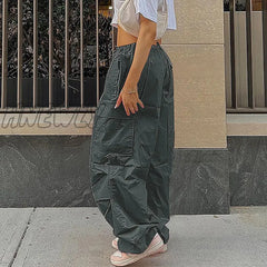 Hnewly Cargo Pants Women Low Waist Summer Loose Speed Dry Street Fashion Drawstring Multi-Pocket