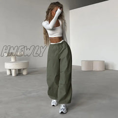 Hnewly Cargo Pants Women’s High Waist Drawstring Simple Straight Leg Street Fashion Solid Color