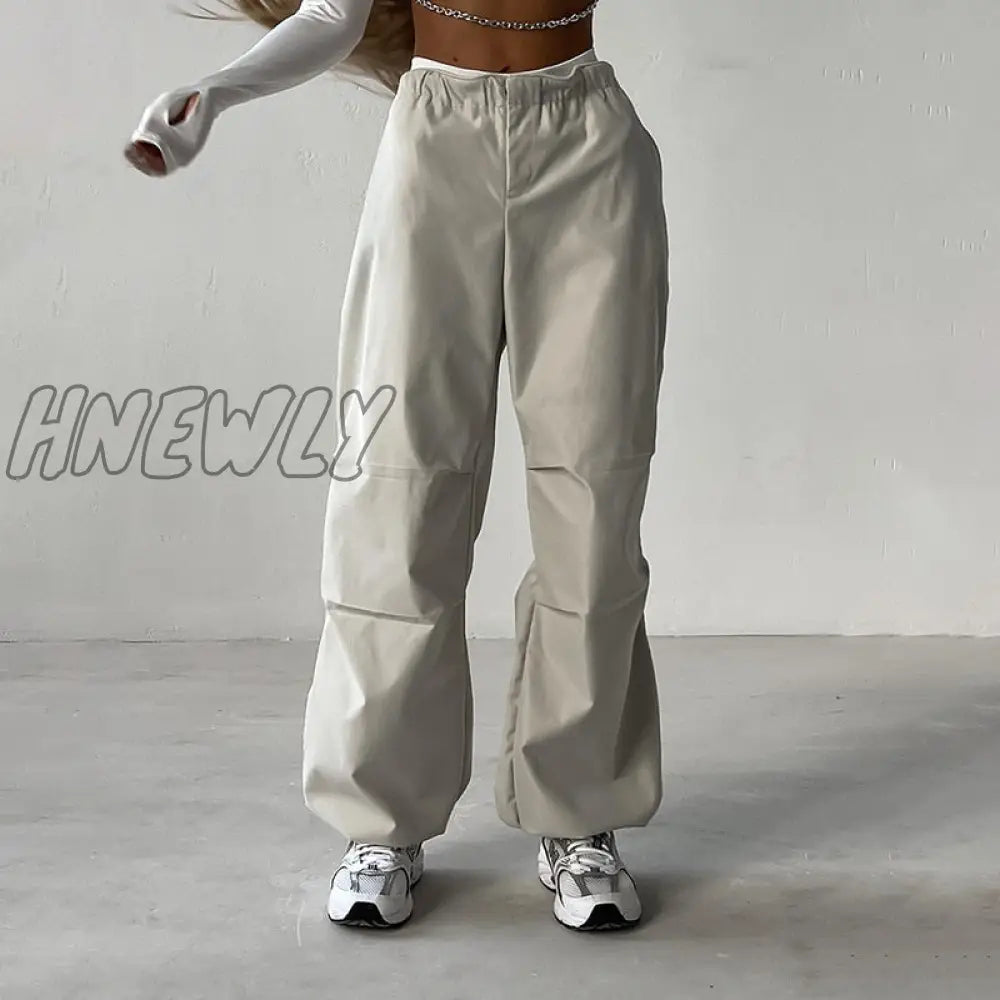 Hnewly Cargo Pants Women’s High Waist Drawstring Simple Straight Leg Street Fashion Solid Color