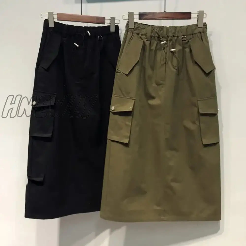 Cargo Skirts for Women 100% Cotton Y2k Skirts Elastic Waist Spring Summer Drawstring Girls Full Length Skirt Black