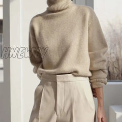 Hnewly Cashmere Elegant Turtle Neck Women Sweater Soft Knitted Basic Pullovers O Loose Warm Female