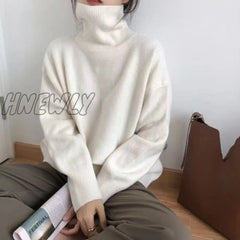 Hnewly Cashmere Elegant Turtle Neck Women Sweater Soft Knitted Basic Pullovers O Loose Warm Female