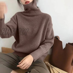 Hnewly Cashmere Elegant Turtle Neck Women Sweater Soft Knitted Basic Pullovers O Loose Warm Female