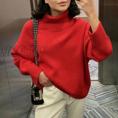 Hnewly Cashmere Elegant Turtle Neck Women Sweater Soft Knitted Basic Pullovers O Loose Warm Female